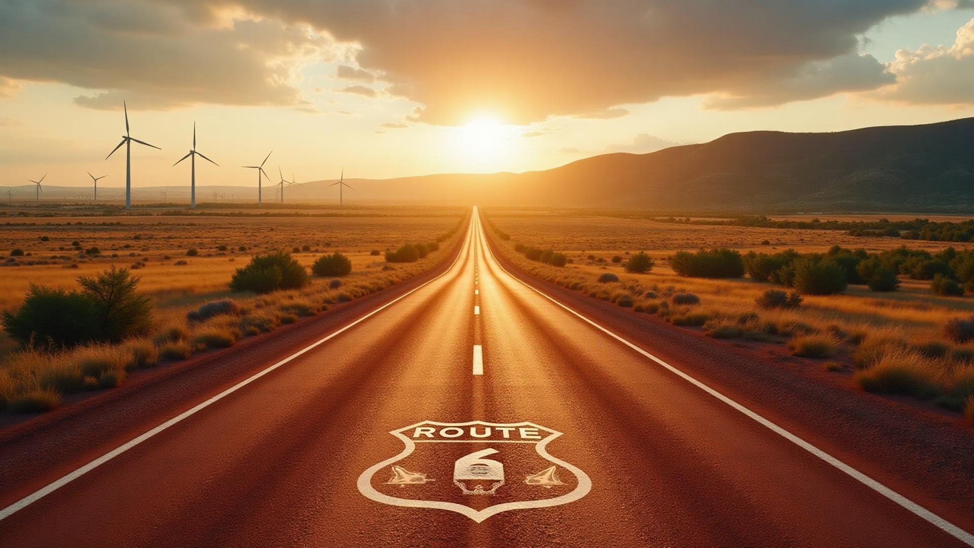 Oklahoma Route 66 highway through red dirt landscape with wind turbines