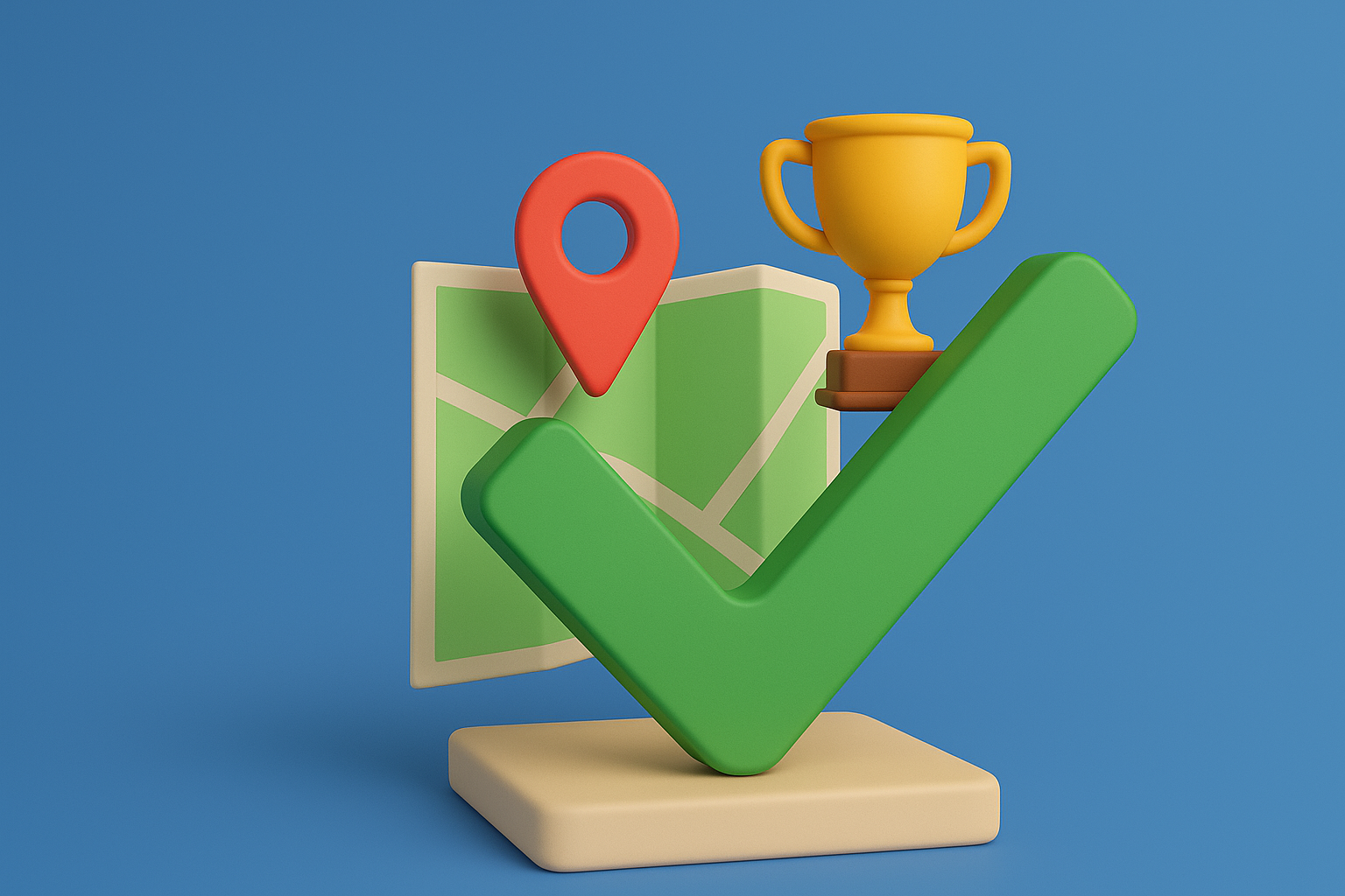 Success in land selling - map with location pin, checkmark and trophy