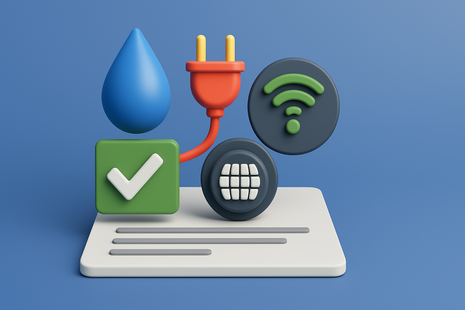 Utility verification tools showing water droplet, power plug, wifi signal, and checkmark on clipboard representing utility research