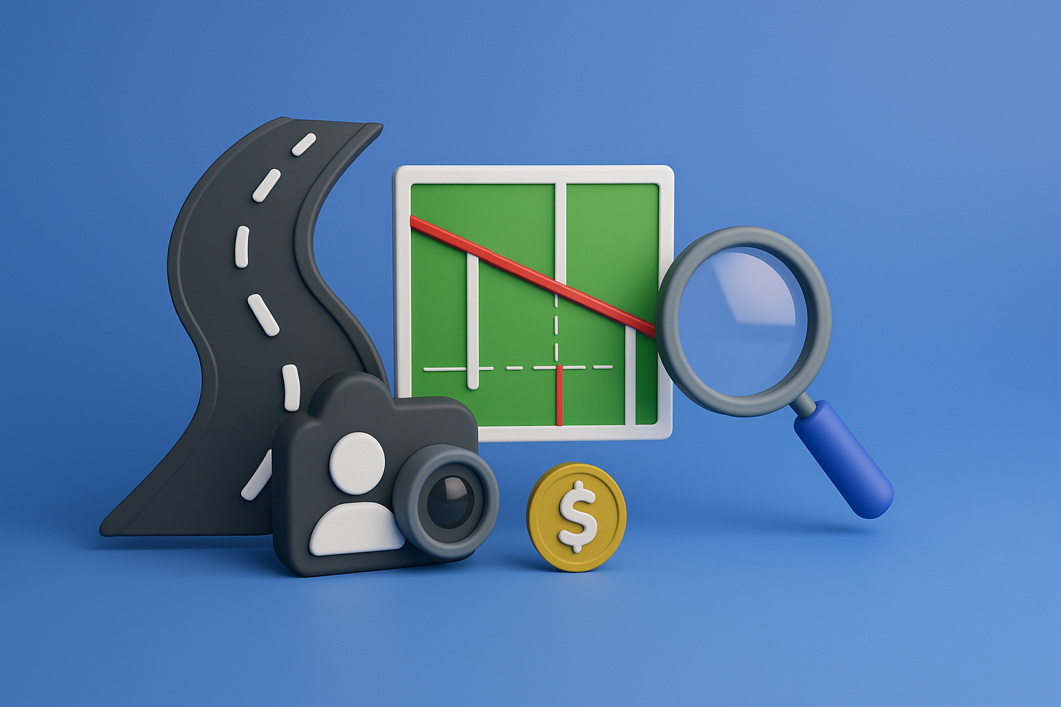 3D illustration showing curved road, land plot map with crosshairs, magnifying glass, and dollar coin representing road access verification