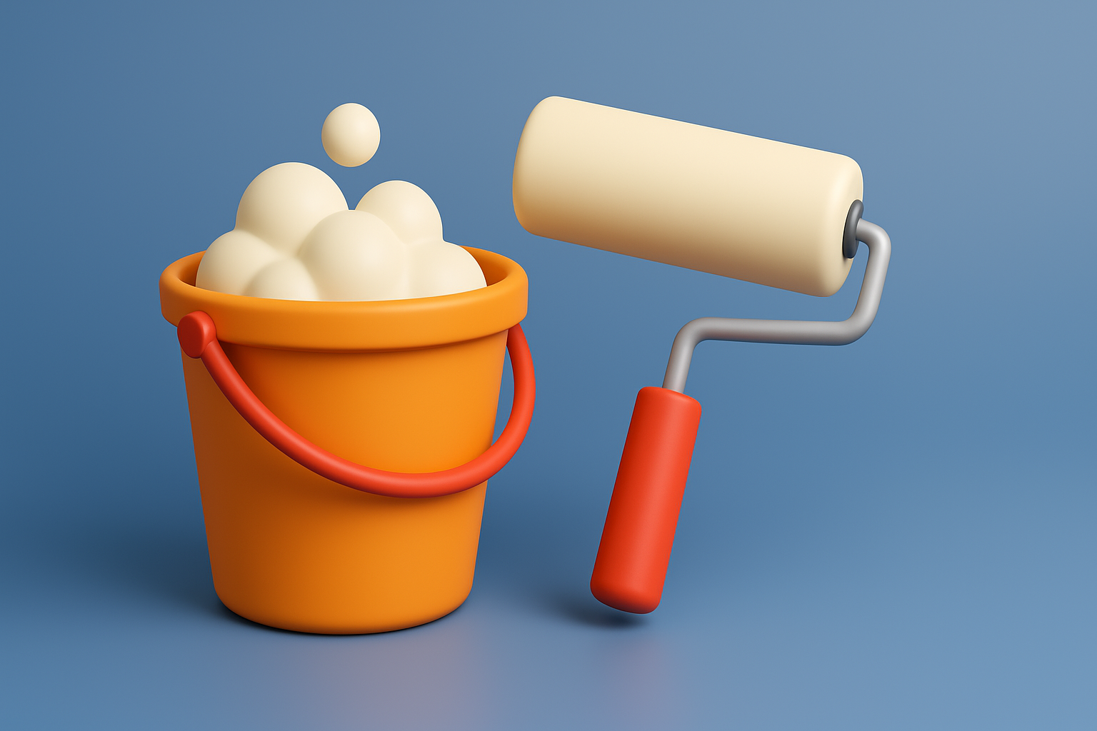 3D illustration showing orange bucket with soap bubbles and paint roller representing property preparation tools