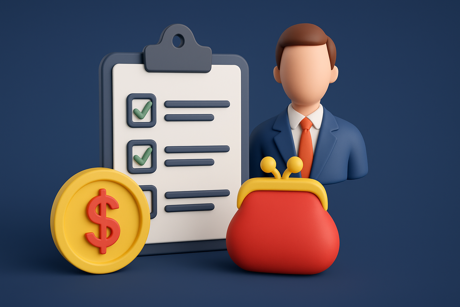 3D illustration of professional contractor with clipboard, dollar coin, and purse, representing affordable professional services