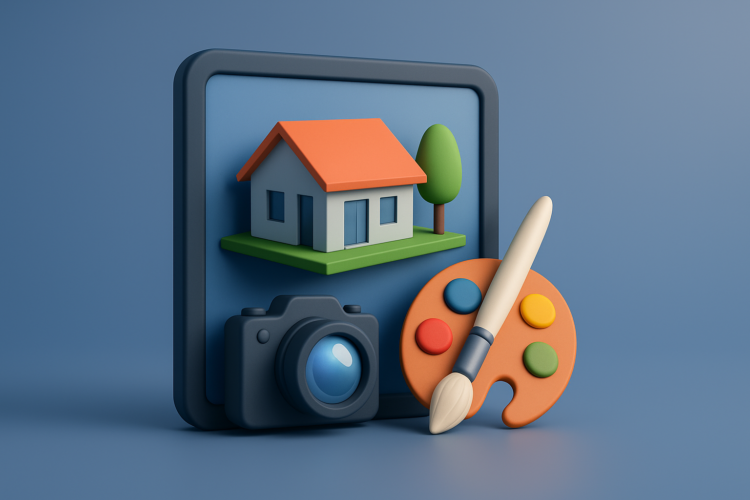 3D illustration showing tablet with house model, camera, and art palette representing AI rendering tools for creating future property visuals