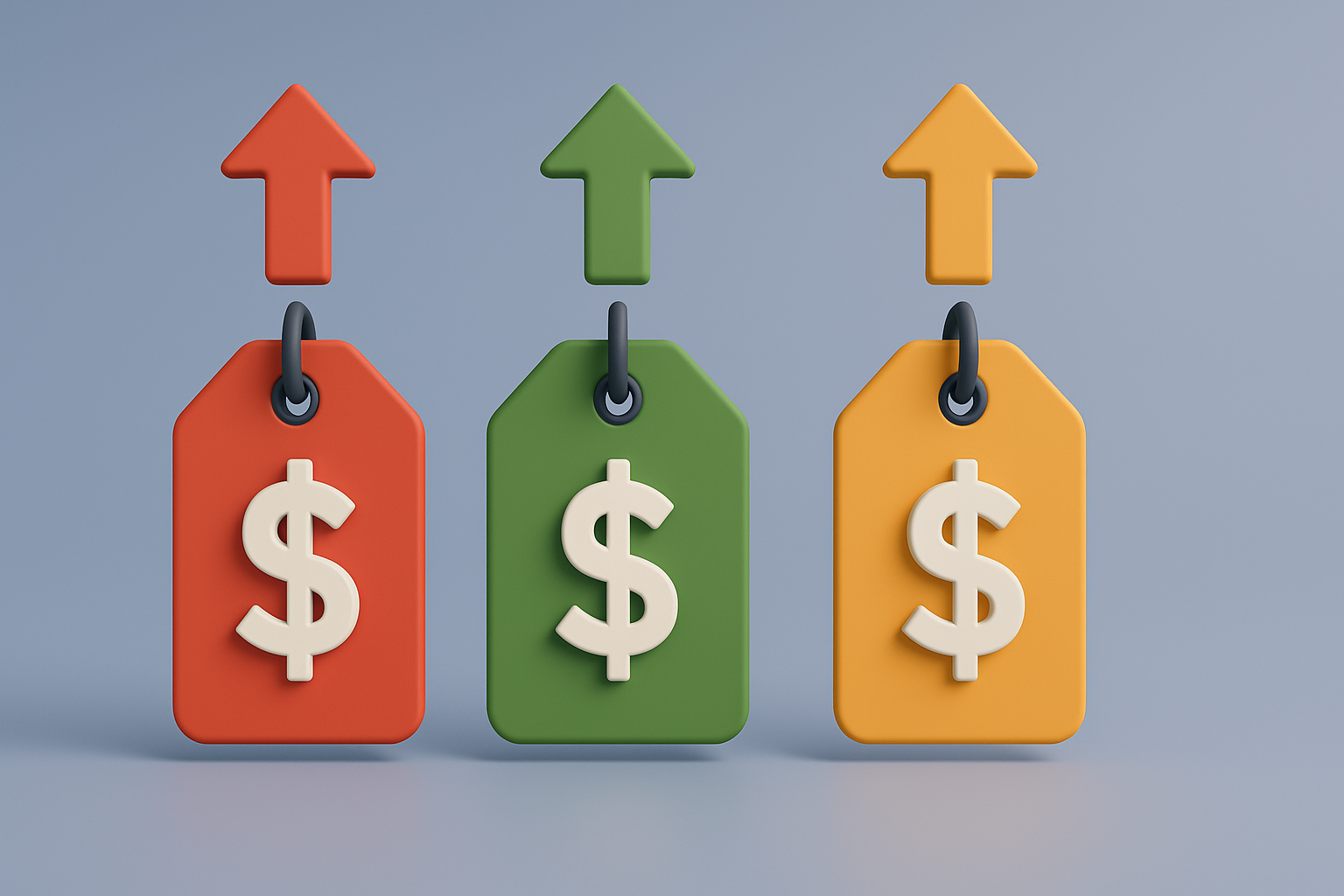 3D illustration showing three colored price tags with dollar signs and upward arrows, representing different pricing strategies