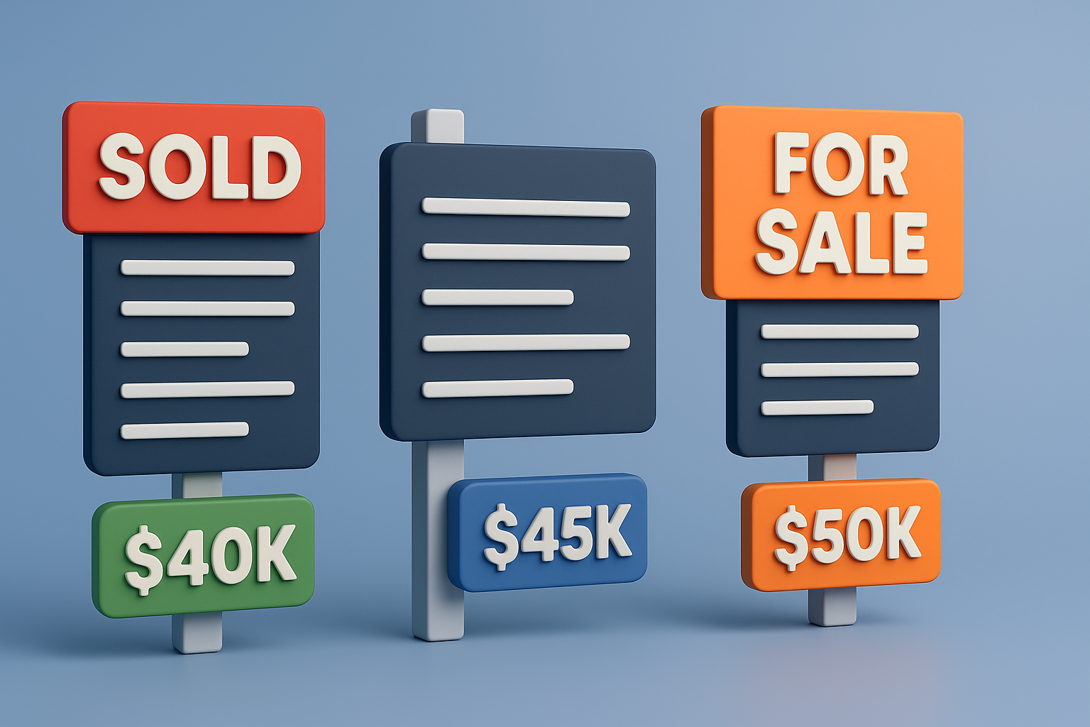 3D illustration showing sold and for sale signs with price tags, representing the comparison between sold comps and active listings