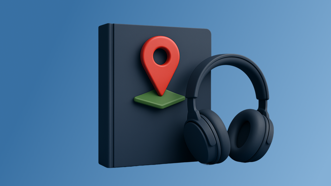 Book with location pin and headphones for reading and listening