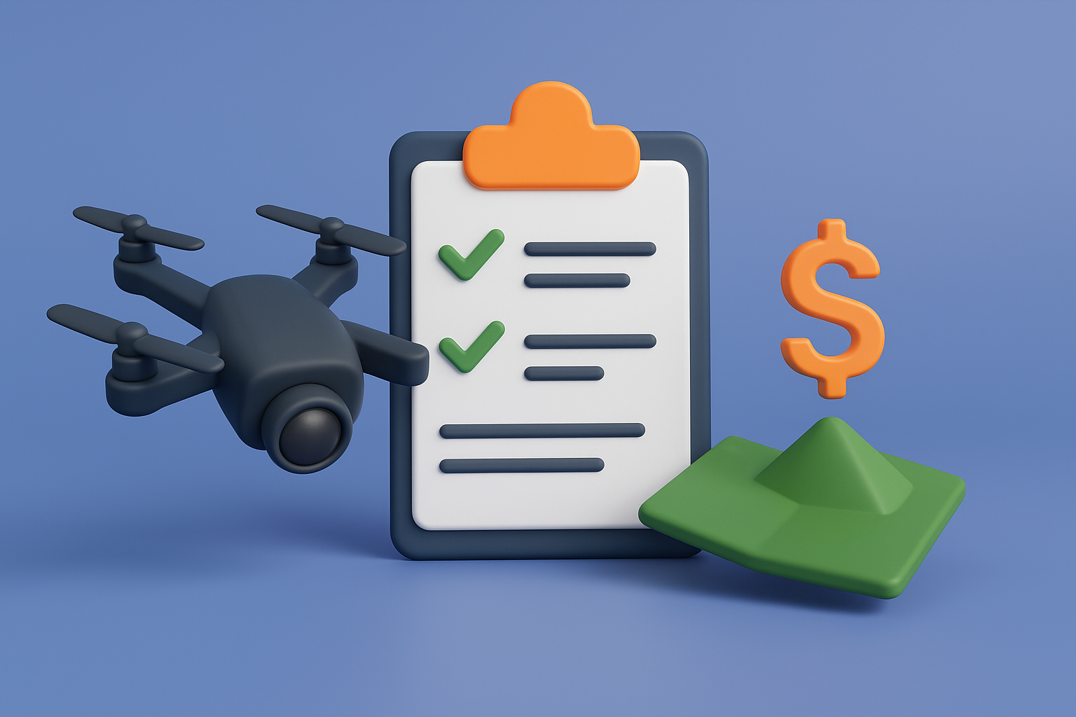 Drone photography checklist with drone, clipboard, dollar sign and land plot
