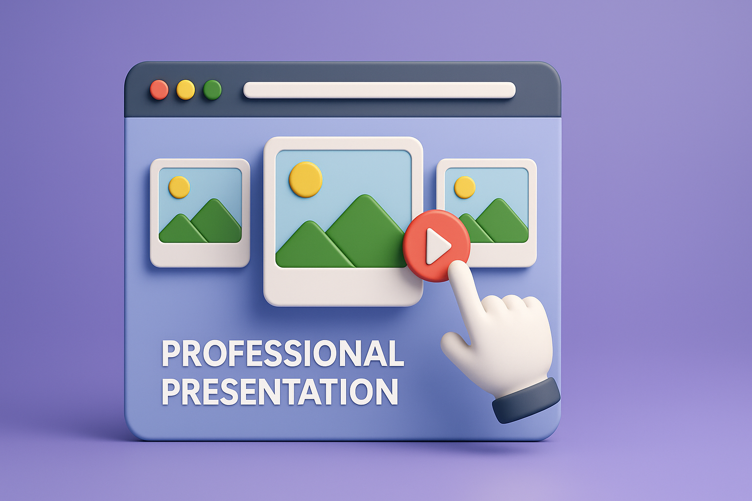 Professional presentation browser window with landscape photos and play button showing photo organization concept